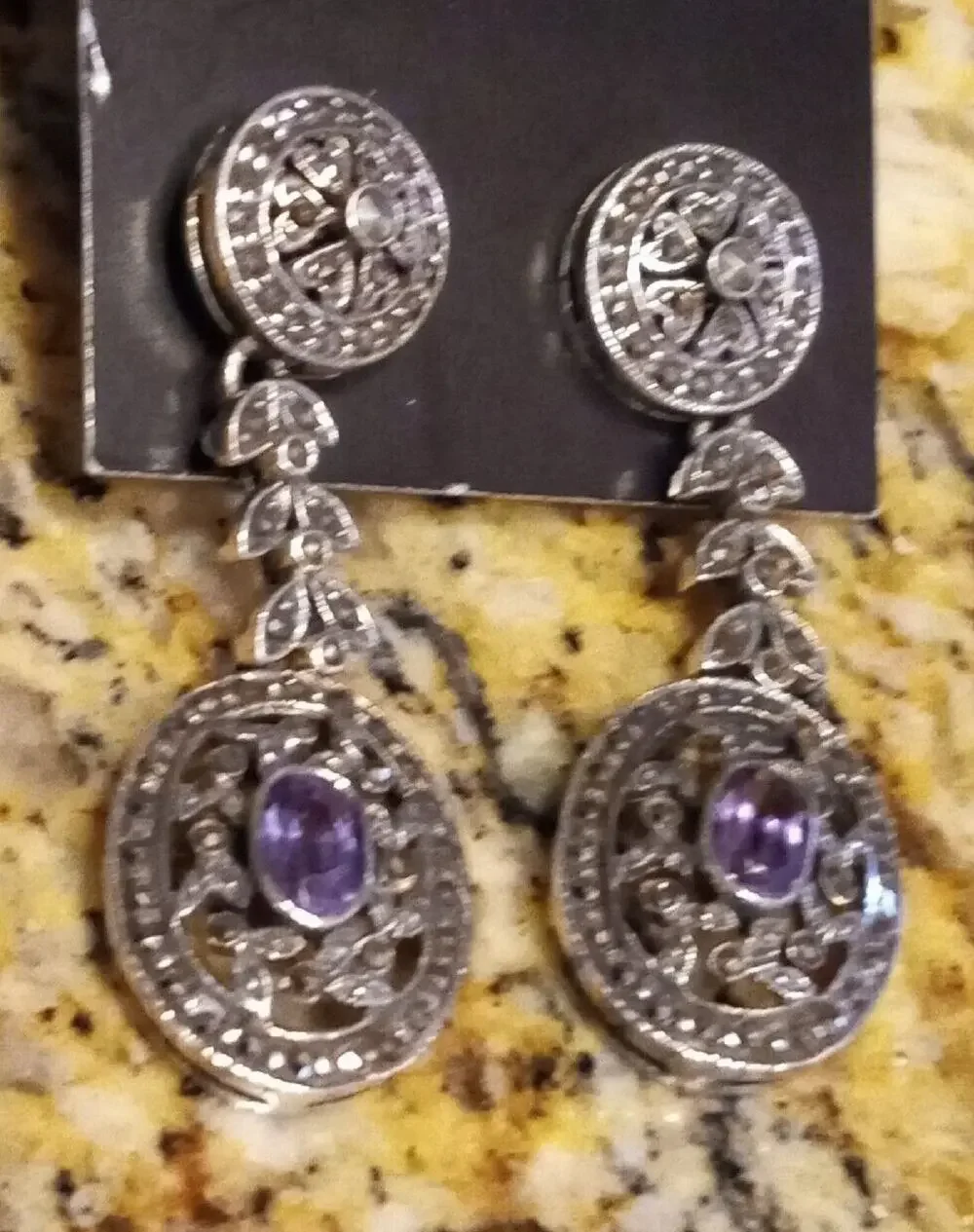 925 Silver - Vintage Victorian Amethyst & Marcasite Dangle Earrings